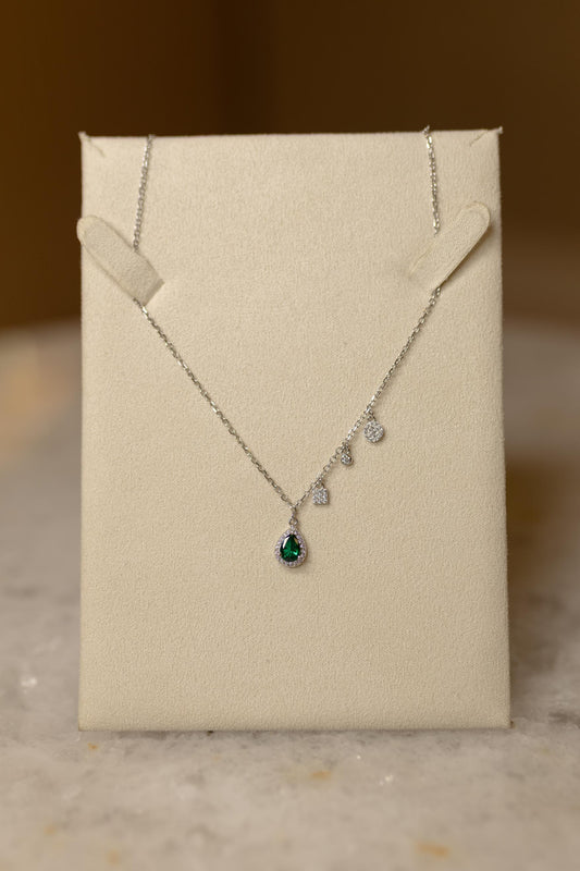 Colar Gota Esmeralda Cravejada Prata 925 Ródio Branco