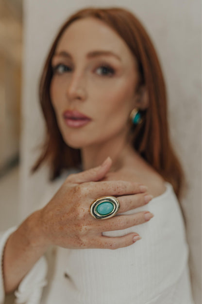 Anel Ajustável Oval Turquesa Dourado