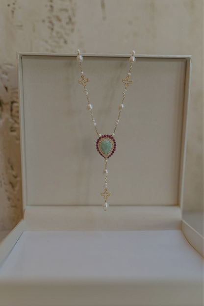 Colar Terço Gota Cravejada Pedras Naturais Dourado