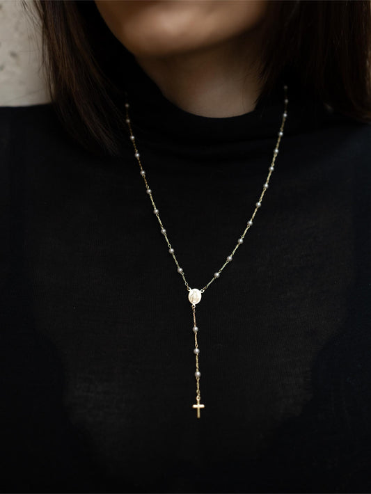 Colar Terço Pérolas Nossa Senhora das Graças Dourado