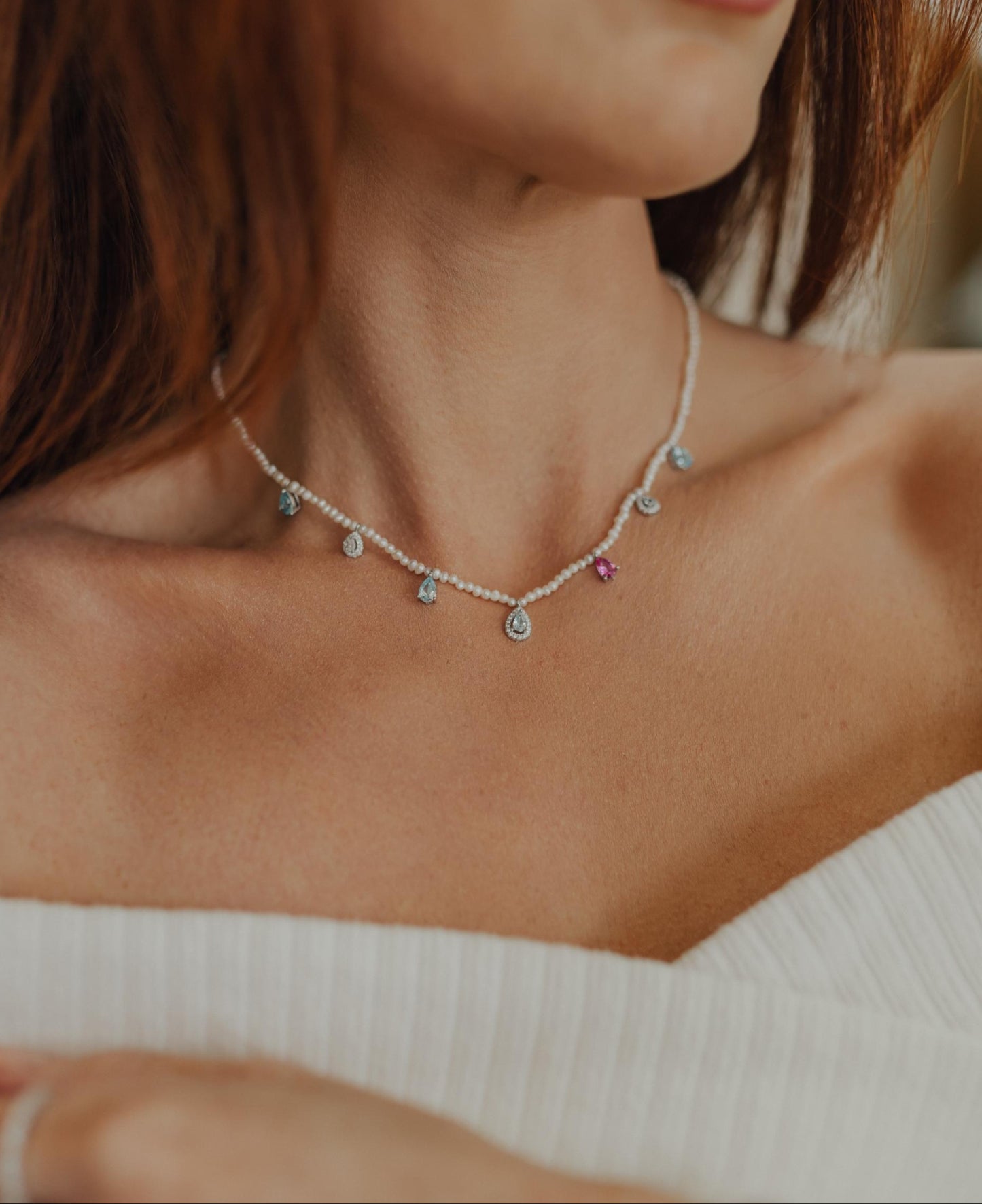 Colar Pérola de Água Doce 7 Pingentes Prata 925 Ródio Branco