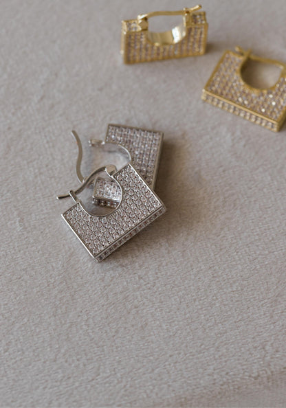 Brinco Argola Quadrado Cravejado Ródio Branco