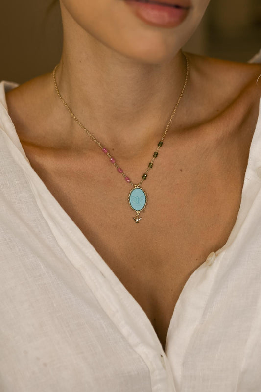 Colar Pingente Oval Baquelite Espírito Santo Dourado