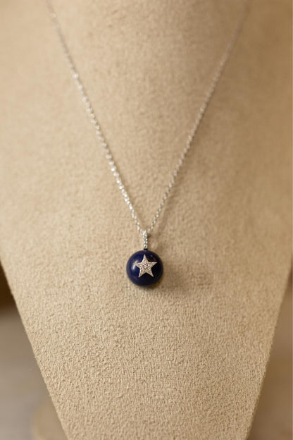 Colar Pingente Meia Esfera Azul Marinho Ródio Branco