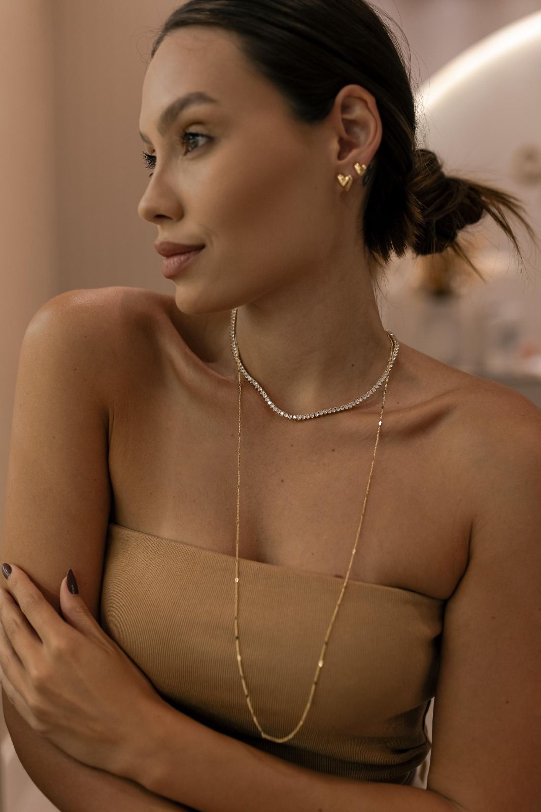 Colar Longo 80cm Mini Corações Lisos Dourado