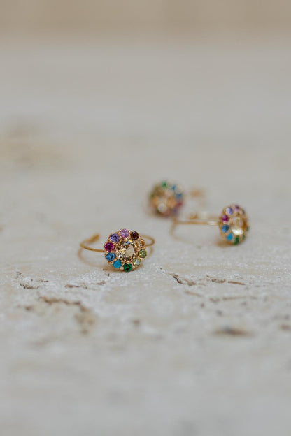 Anel Ajustável Flor Rainbow Dourado