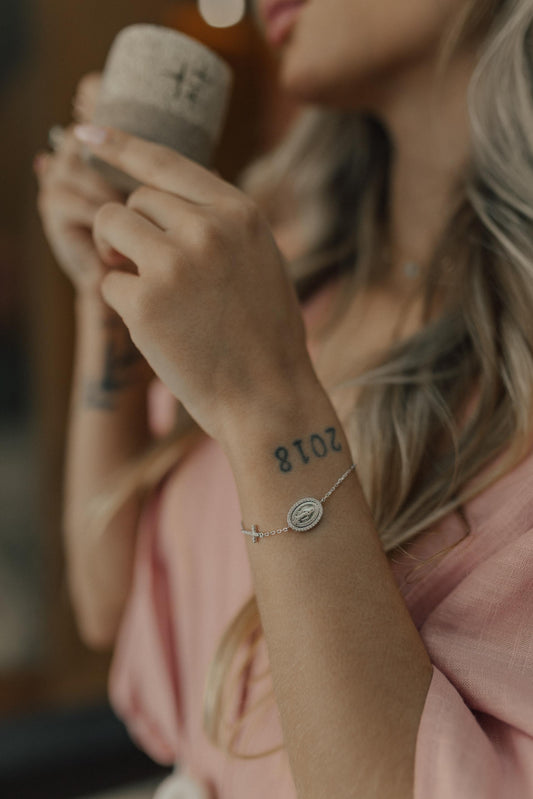 Pulseira Nossa Senhora das Graças Cruz Prata 925 Ródio Branco