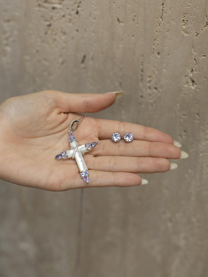 Colar  Crucifixo Madrepérola Tanzanita Prata 925 Ródio Branco
