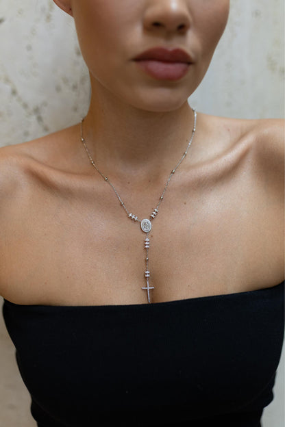 Colar Terço Nossa Senhora das Graças Moissanite Prata 925 Ródio Branco