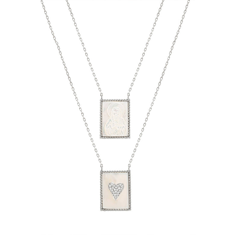 Colar Escapulário Madrepérola Jesus e Amor Ródio Branco