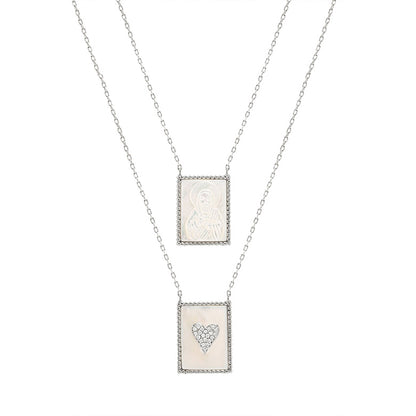 Colar Escapulário Madrepérola Jesus e Amor Ródio Branco