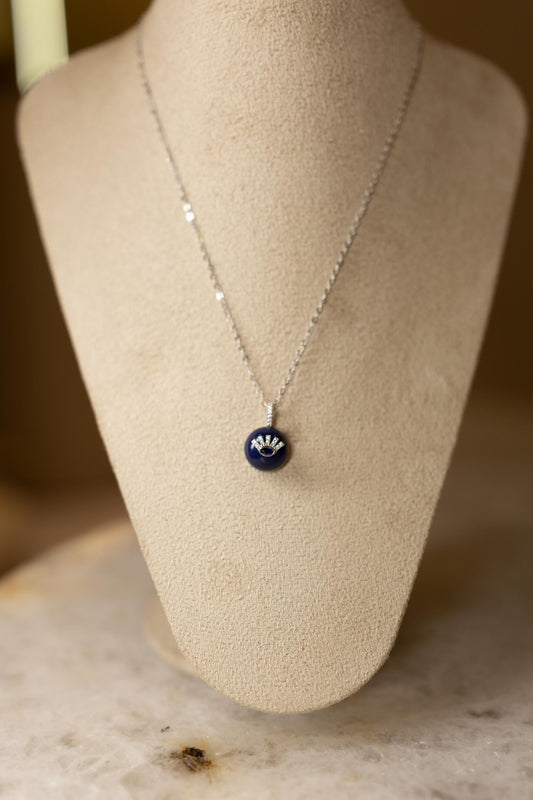 Colar Pingente Meia Esfera Azul Marinho Ródio Branco