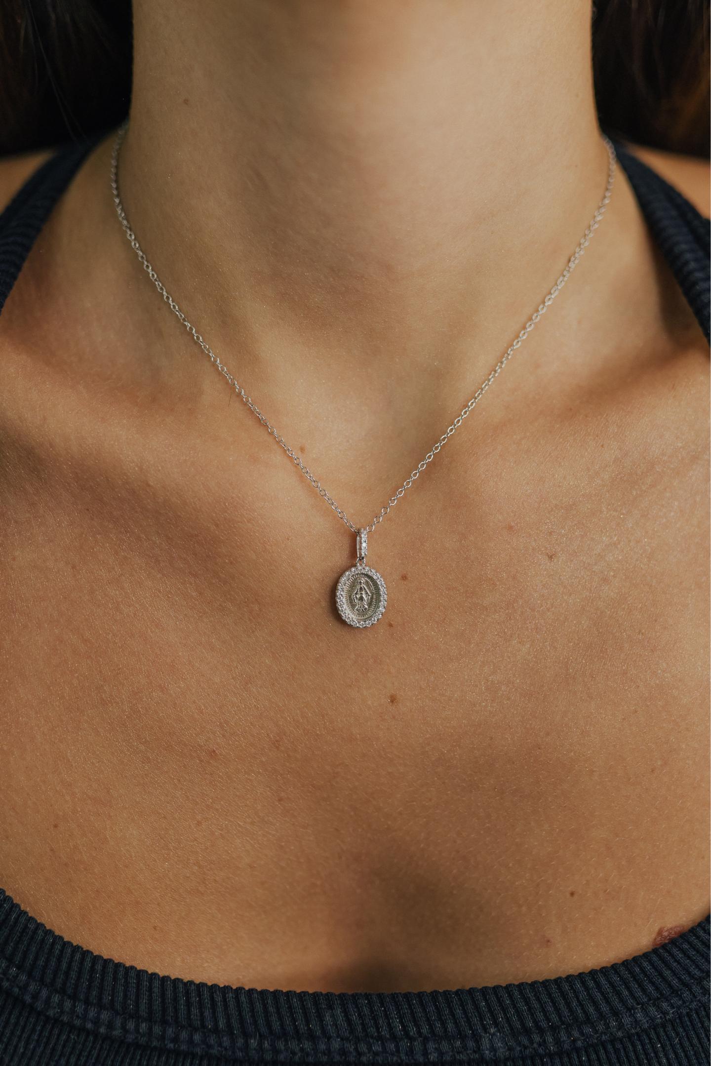 Colar Oval Medalha Nossa Senhora das Graças Prata 925 Ródio Branco