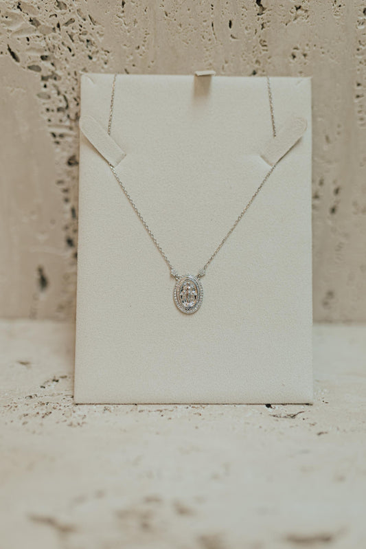 Colar Nossa Senhora das Graças 2 Fileiras Cravejadas Moissanite Prata 925 Ródio Branco