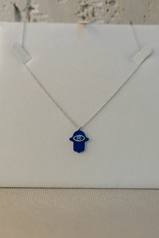 Colar Mão de Hamsá Azul Ródio Branco