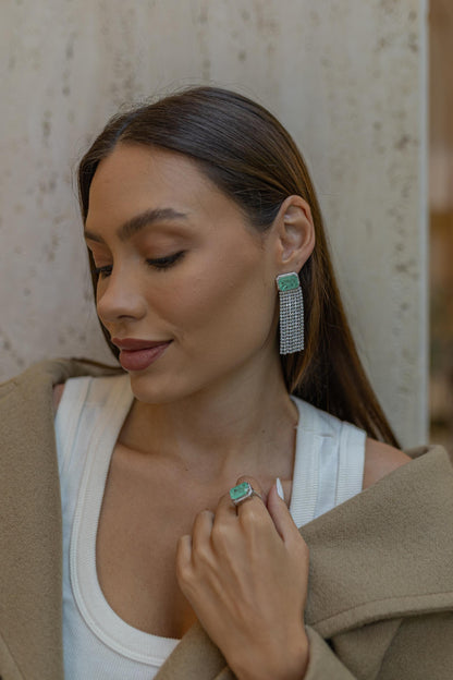 Brinco Esmeralda Colombiana Franja Ródio Branco