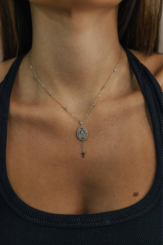 Colar Terço Com Nossa Senhora das Graças Confete Prata 925 Ródio Branco