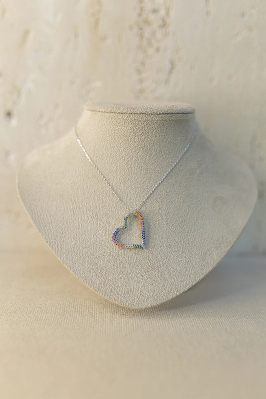 Colar Coração Vazado Rainbow Ródio Branco