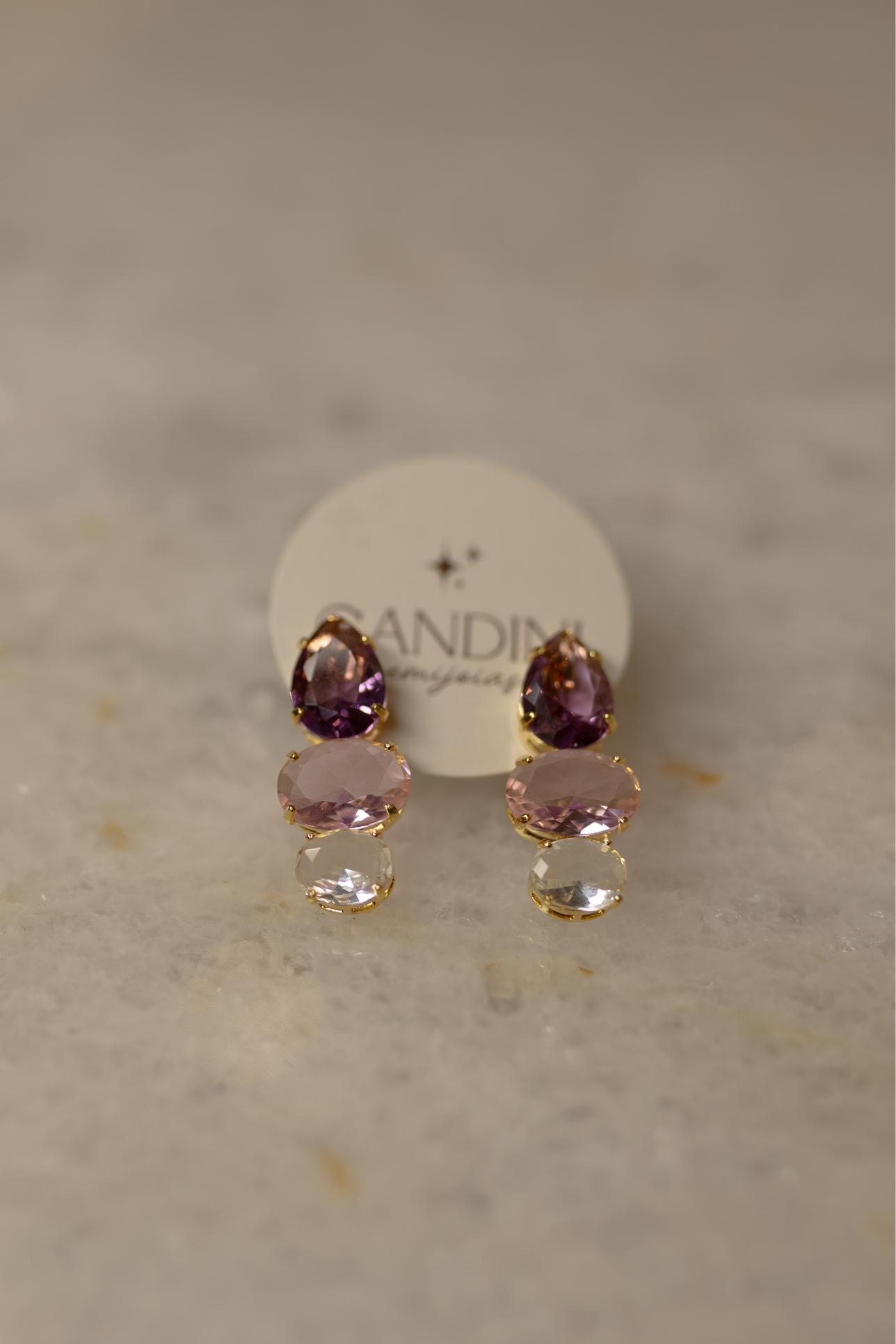 Brinco Gota Roxa Cristal Dourado