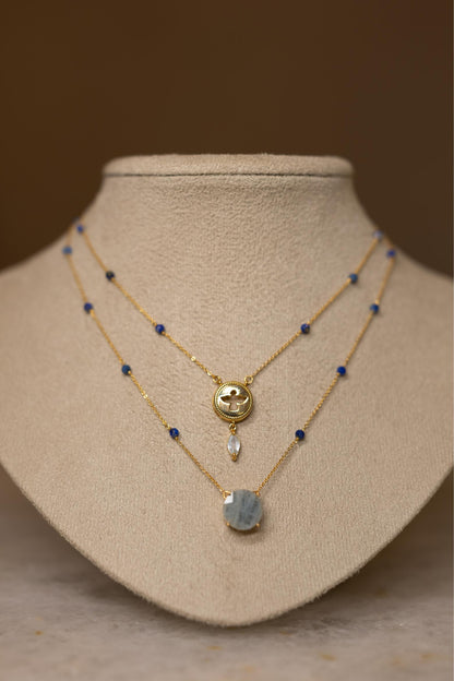 Colar Duplo Espirito Santo Lápis Lazuli e Água Marinha Dourado