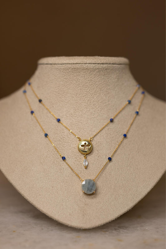 Colar Duplo Espirito Santo Lápis Lazuli e Água Marinha Dourado