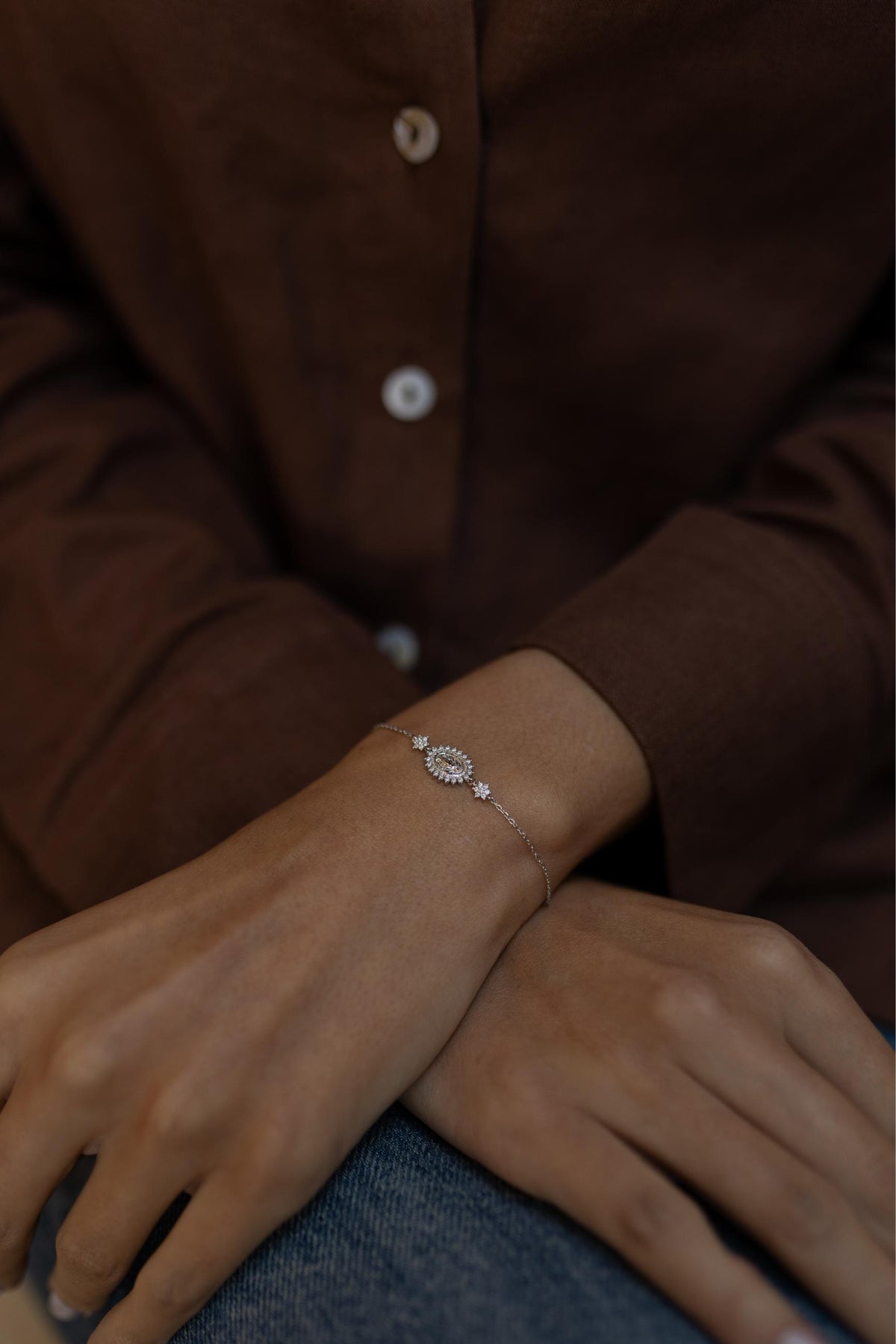 Pulseira Nossa Senhora das Graças com Medalha Milagrosa Moissanite Prata 925 Ródio Branco
