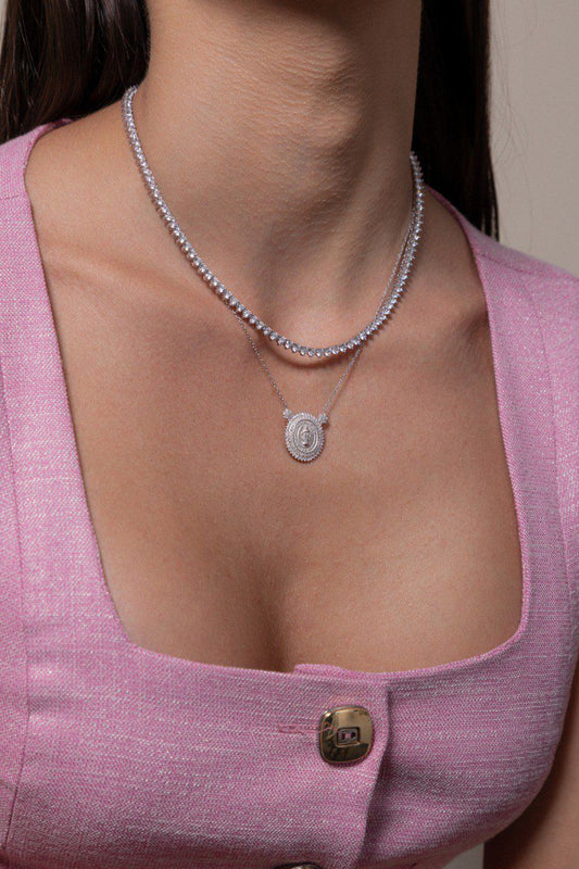 Colar Nossa Senhora das Graças Moissanite Prata 925 Ródio Branco