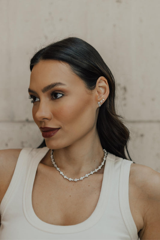 Brinco Retangular Vintage Baguete Ródio Branco