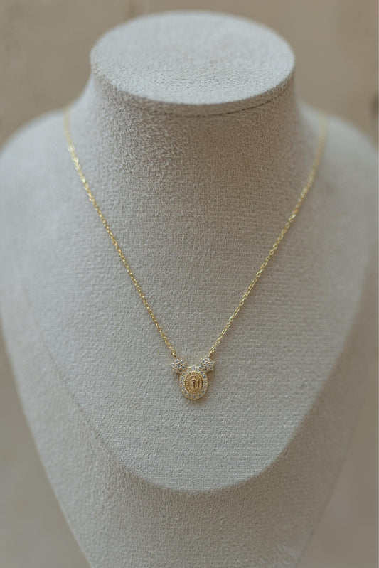 Colar Mini Nossa Senhora das Graças Moldura Flor Moissanite Prata 925 Dourado