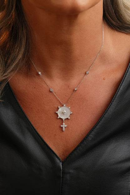 Colar Sagrado Coração de Jesus Cruz Moissanite Prata 925 Ródio Branco