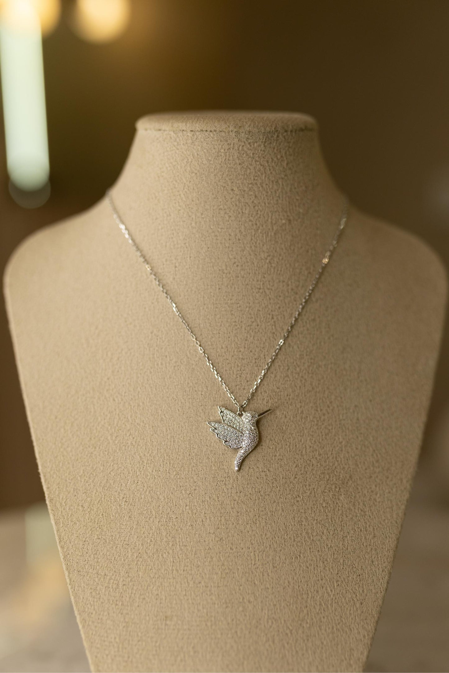 Colar Beija Flor Cravejado Prata 925 Ródio Branco