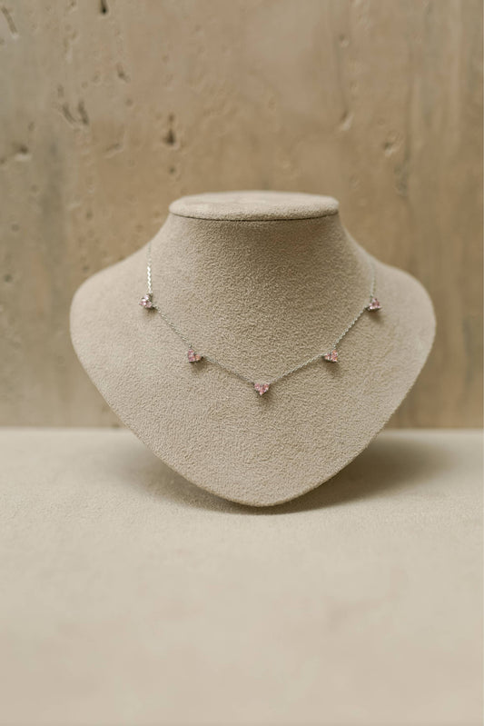 Colar Choker 5 Mini Corações Rosa Ródio Branco