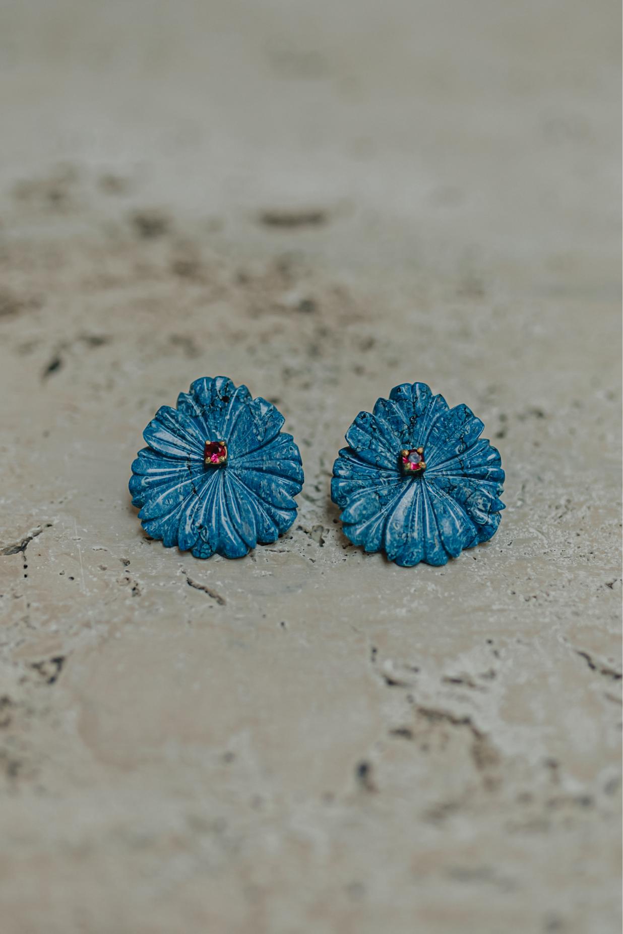 Brinco Flor 5 Baquelite Azul Prata 925 Ródio Branco