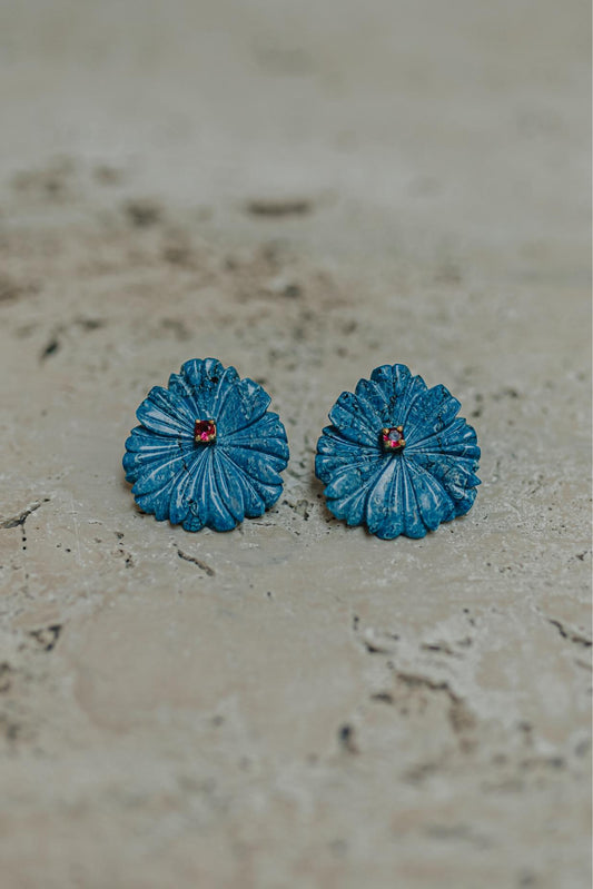 Brinco Flor 5 Baquelite Azul Prata 925 Ródio Branco