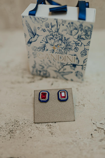 Brinco Retangular Esmaltado Azul Marinho Ródio Branco