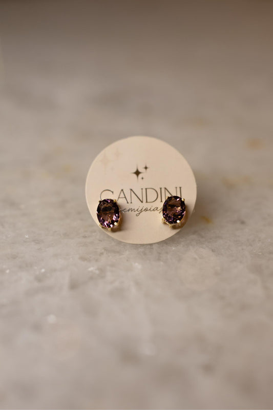 Brinco Oval Zircônia Ametista Dourado