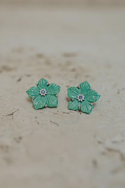 Brinco Flor 5 Pétalas Baquelite Verde Prata 925 Ródio Branco