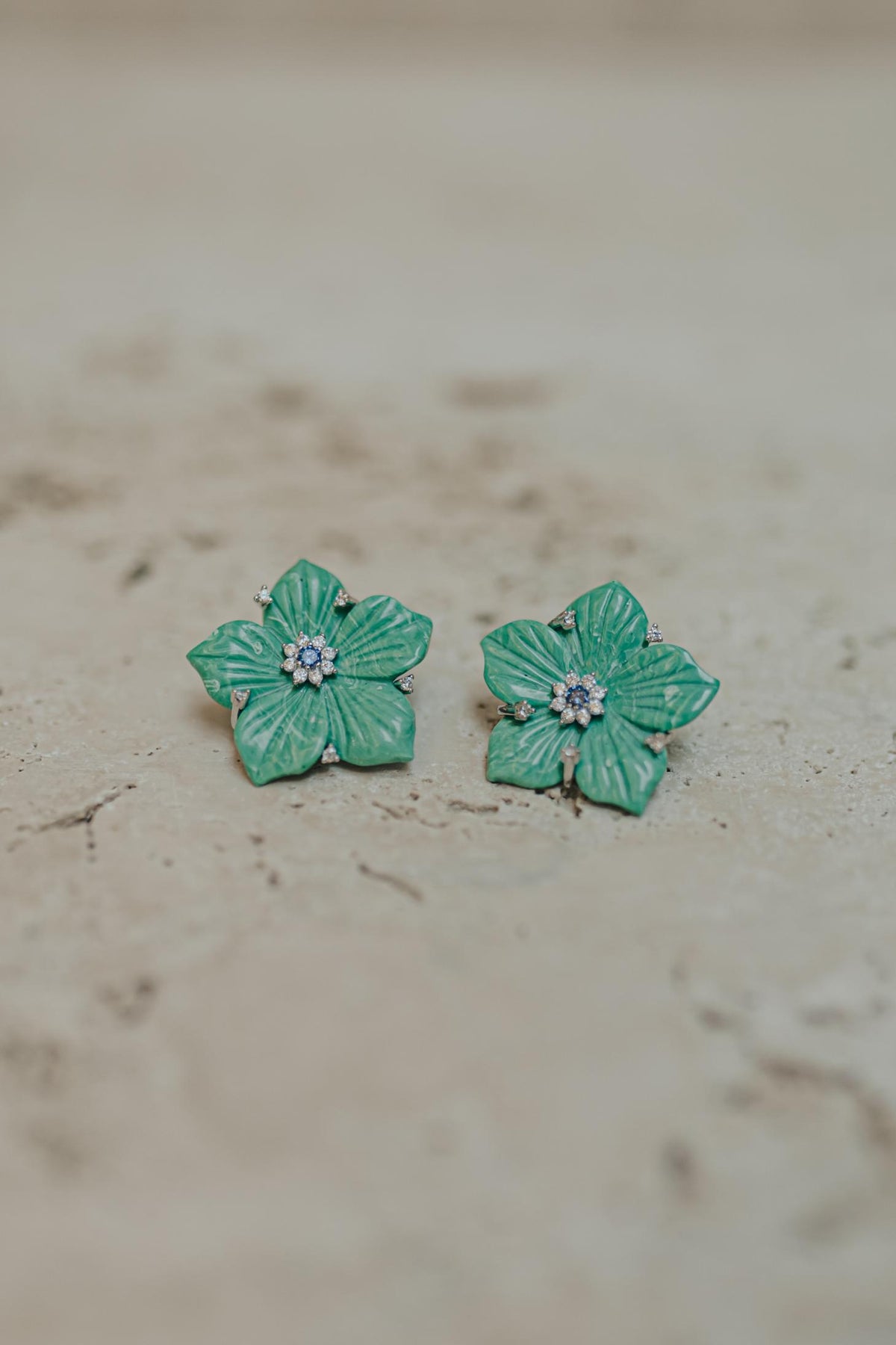 Brinco Flor 5 Pétalas Baquelite Verde Prata 925 Ródio Branco