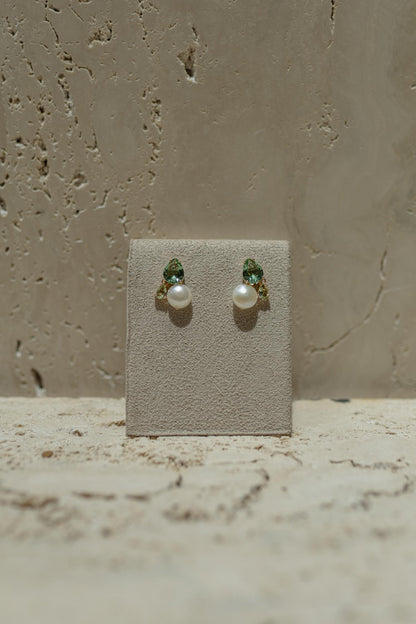 Brinco Quartzo e Pérola Botão Dourado