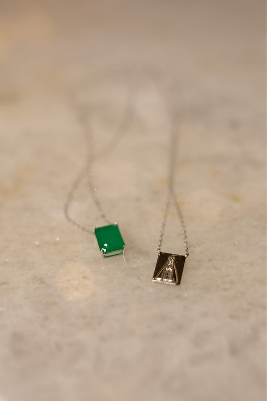 Colar Escapulário Nossa Senhora Aparecida Esmeralda Prata 925 Ródio Branco