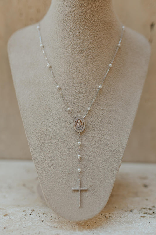Colar Terço Pérola Nossa Senhora das Graças Prata 925 Ródio Branco