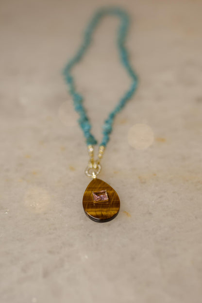 Colar Raolita Turquesa Olho de Tigre Dourado