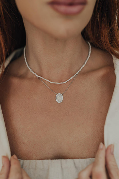 Colar Nossa Senhora das Graças Borda Cravejada Prata 925 Ródio Branco