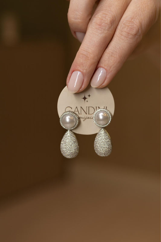 Brinco Base Pérola Pêndulo Gota Cravejada  Ródio Branco