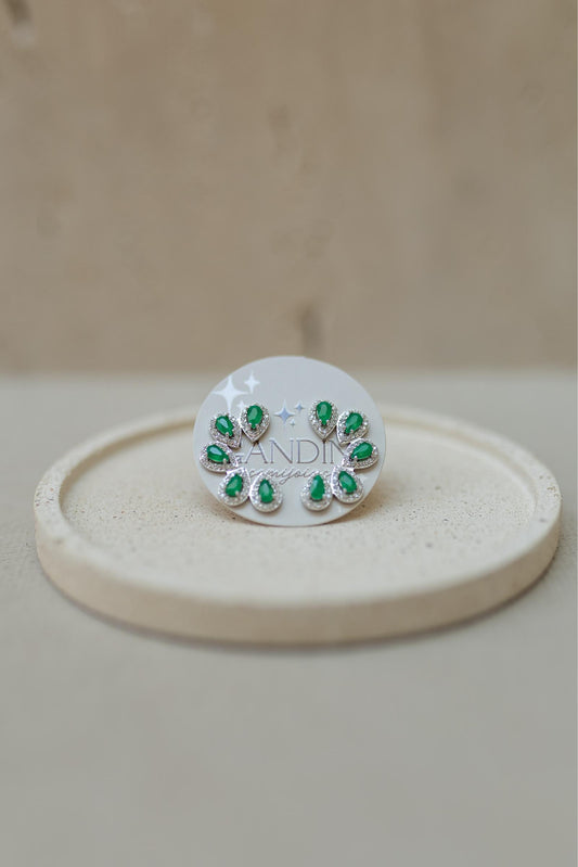 Brinco Ear Cuff Esmeralda Gotas Ródio Branco