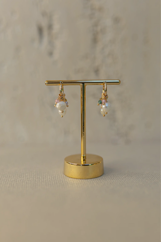 Brinco Argola Pedras e Pérolas Naturais Dourado