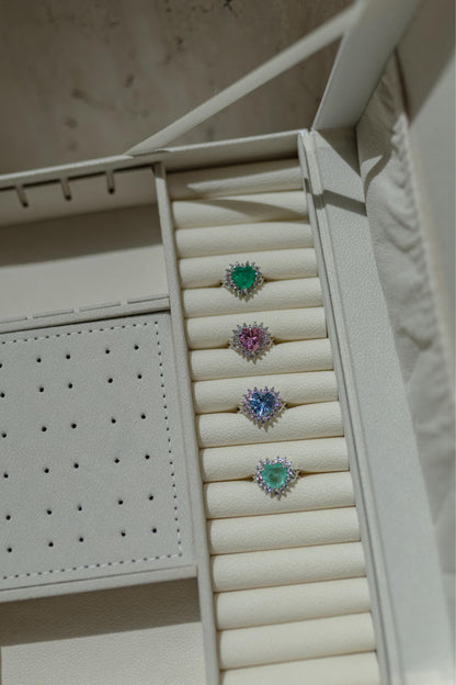 Anel Coração Borda Cravejada Aquamarine Ródio Branco