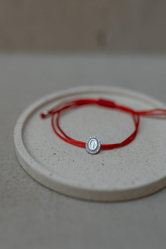 Pulseira Seda Vermelho Nossa Senhora das Graças Prata 925 Ródio Branco