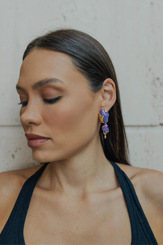 Brinco Pêndulo Agata Roxa Dourado