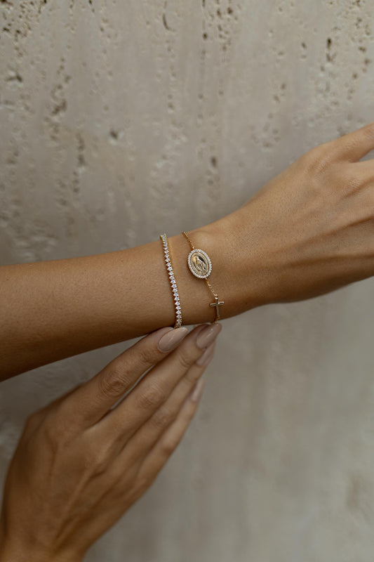 Pulseira Nossa Senhora das Graças Cruz Moissanite Prata 925 Dourado